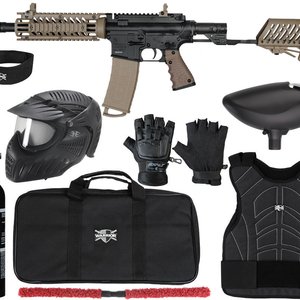 Tippmann TMC w/ Air-Thru Adjustable Stock Level 2 Protector Paintball Gun Package Kit - Black/Tan